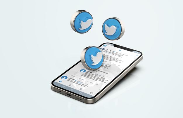 Twitter On Silver Mobile Phone Mockup With 3D Icons Psd