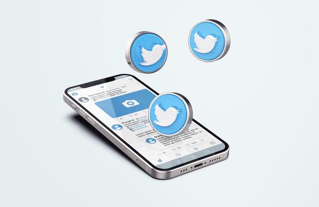 Twitter On Silver Mobile Phone Mockup With 3D Icons Psd