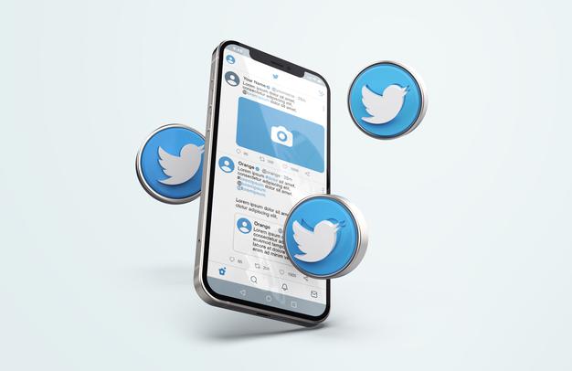 Twitter On Silver Mobile Phone Mockup With 3D Icons Psd