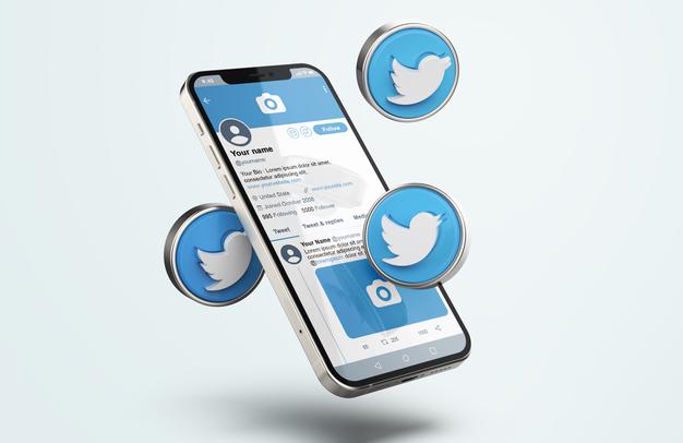 Twitter On Silver Mobile Phone Mockup With 3D Icons Psd