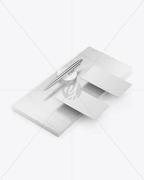 Two Business Cards & Pen With Wood Mockup