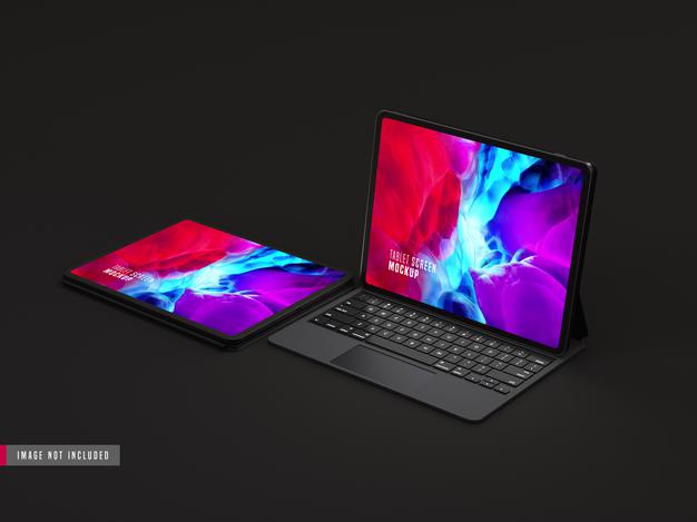 Two Isolated Dark Tablet Pro Mockup With Keyboard Psd