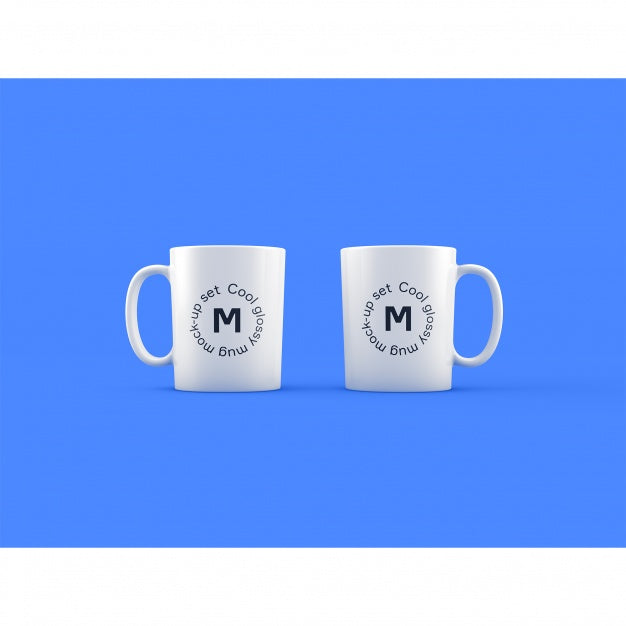 Two Mugs On Blue Background Mock Up Psd