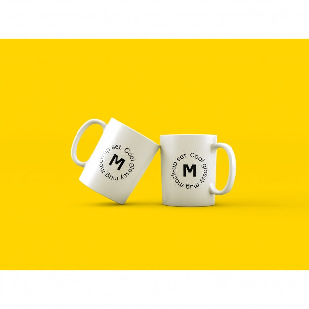 Two White Coffee Mugs on Yellow Background PSD Mockup