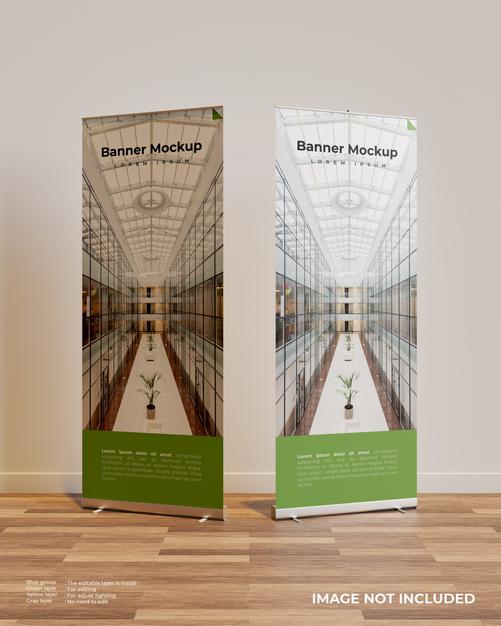 Two Roll Up Banner Mockup In Interior Scene Psd