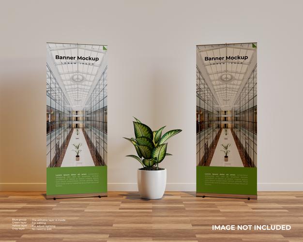 Two Roll Up Banner Mockup In Interior Scene With A Plant In The Middle Psd
