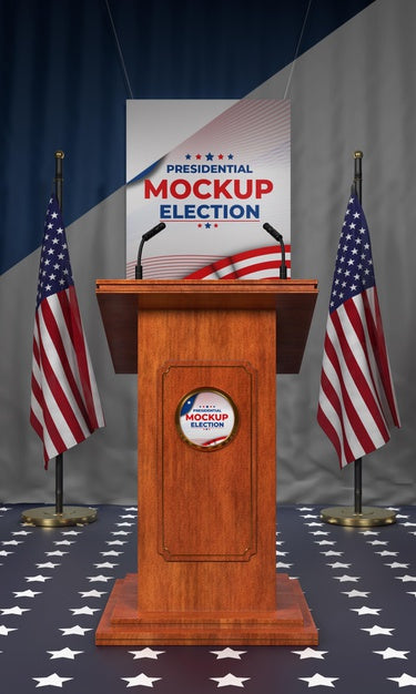 United States Election Podium With Flags Mock-Up Psd