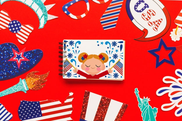 Usa Independence Day Mockup With Spiral Notepad Psd