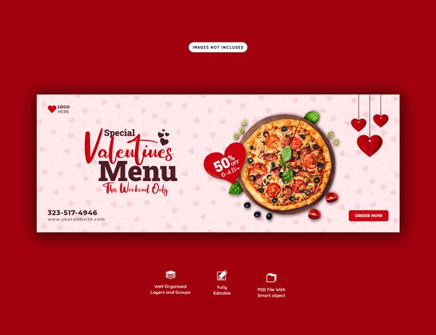 Valentine Food Menu And Delicious Pizza Facebook Cover Banner Template Psd