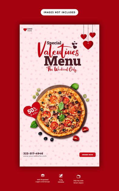 Valentine Food Menu And Delicious Pizza Instagram And Facebook Story Template Psd