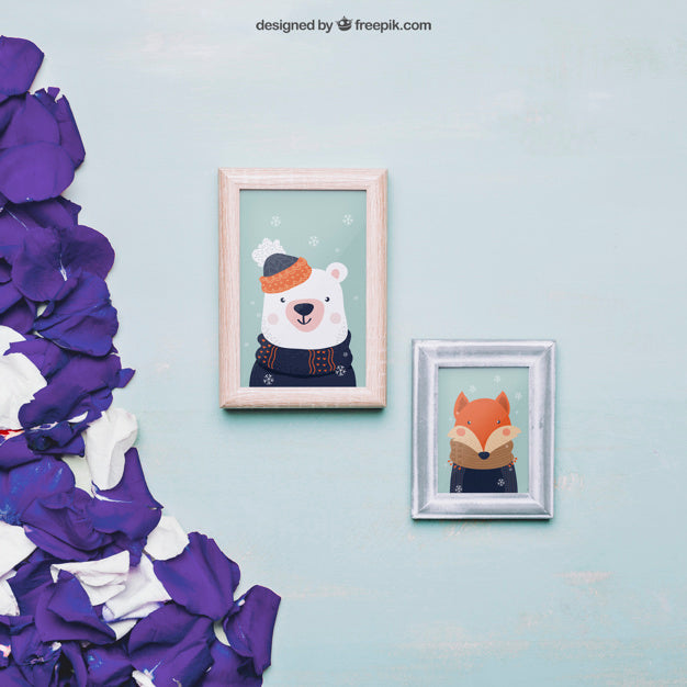 Valentine Mockup With Frames And Purple Petals Psd