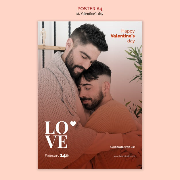 Valentine'S Day Poster With Male Couple Hugging Psd