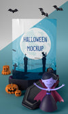 Vampire Character Next To Halloween Mock-Up Card Psd