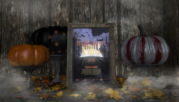 Variety Of Colourful Pumpkins And Halloween Nights Frame Mock-Up Psd