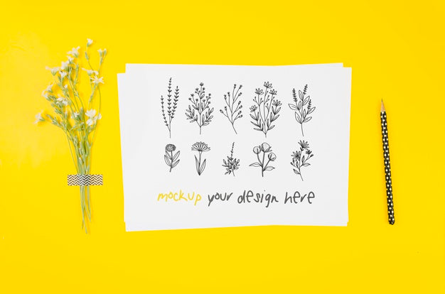 Various Ink Floral Drawings Botanical Mock-Up Psd