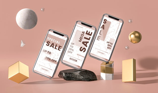 Various Mobile Phones 3D Mock-Up And Geometric Shapes Psd