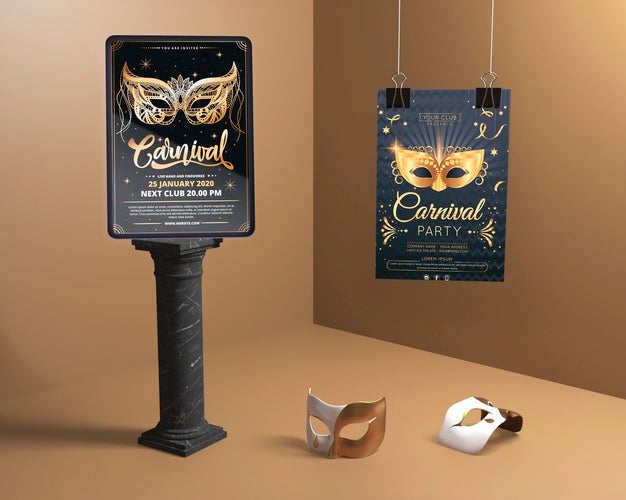 Various Mock-Up Designs For Carnival Mask Party Psd