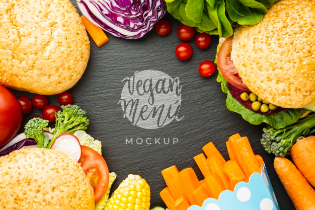 Vegan Menu Mock-Up Surrounded By Buns And Veggies Psd