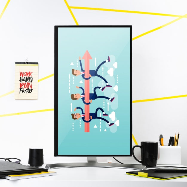 Vertical Computer Mockup On Desk Psd