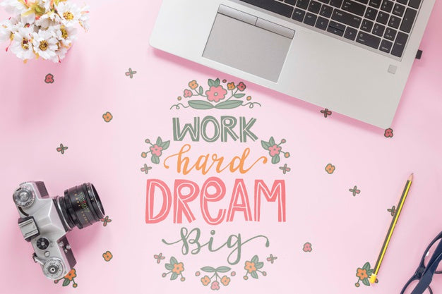 Vintage Camera Laptop And Motivational Message On Desk Psd