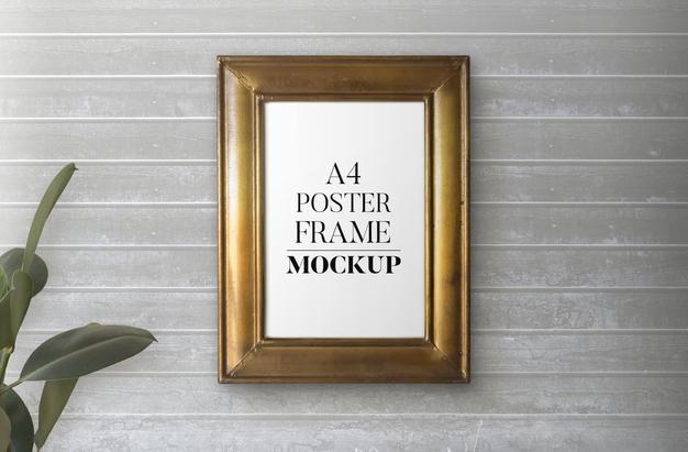Vintage Golden Frame Over Wooden Wall Mockup Psd