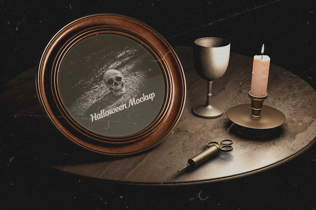 Vintage Medicine Syringe And Halloween Round Frame With Skull Psd