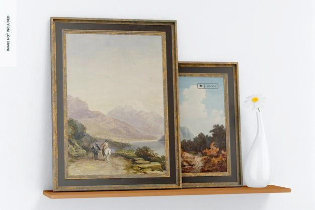 Vintage Wood Frames Mockup, On Shelf Psd