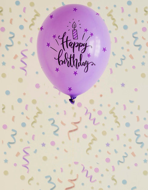 Violet Happy Birthday Doodle Balloons With Blurred Confetti Psd