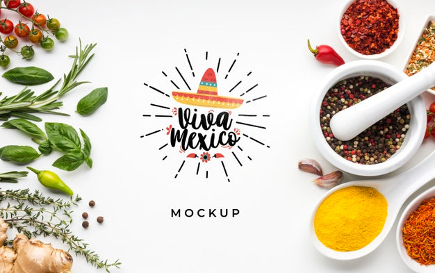 Viva Mexico Mock-Up Surrounded By Spices And Herbs Psd