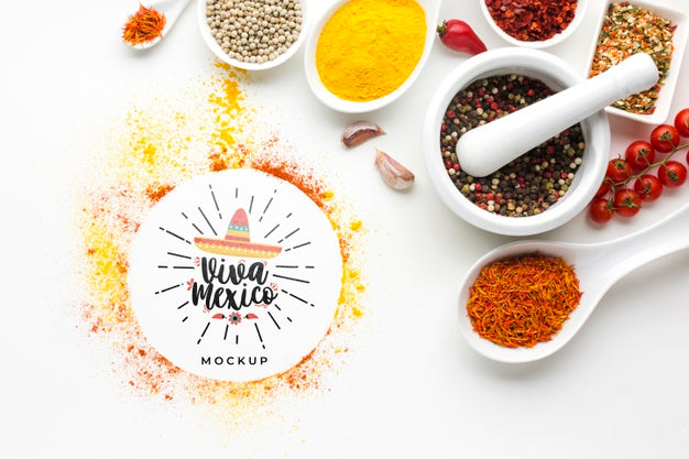 Viva Mexico Mock-Up With Bowls Filled With Spices Psd