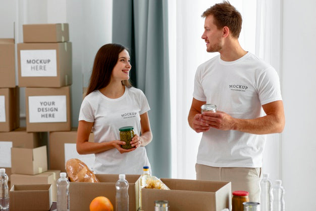 Volunteers Preparing Provision Boxes For Donation Psd