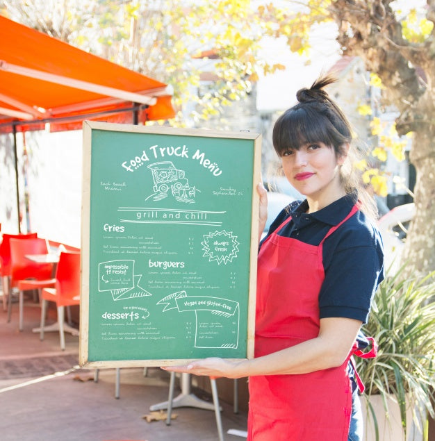 Waitress Presenting Board With Menu Psd