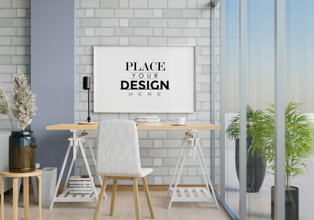 Wall Art Canvas Or Picture Frame In Office Desk Mockup Psd