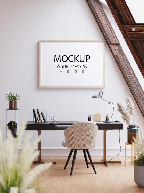 Wall Art Or Canvas Frame Mockup Over Office Desk Psd