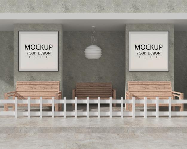 Wall Art Or Picture Frame Mockup In Terrace With Benches Psd