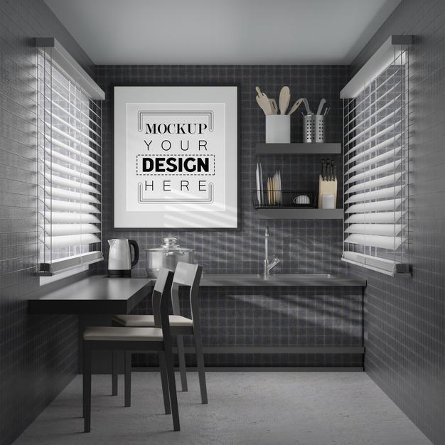 Wall Art Or Picture Frame Mockup On Kitchen Room Interior Psd