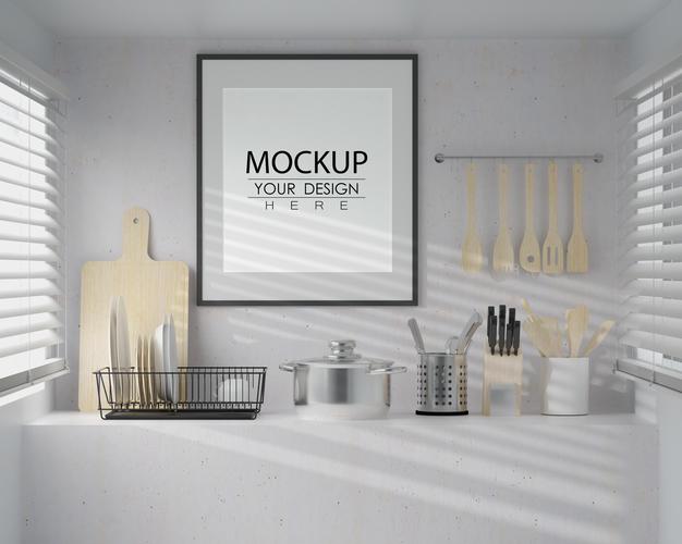 Wall Art Or Picture Frame Mockup On Kitchen Room Interior Psd