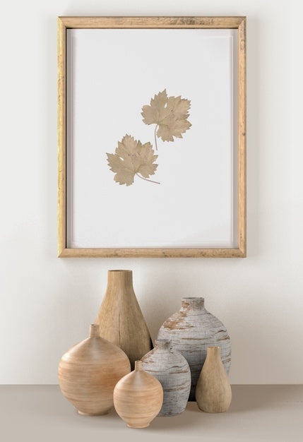 Wall With Vases And Frame With Leaves Psd