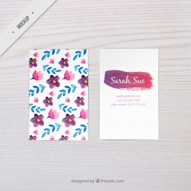 Watercolor Floral Business Card Mockup Psd