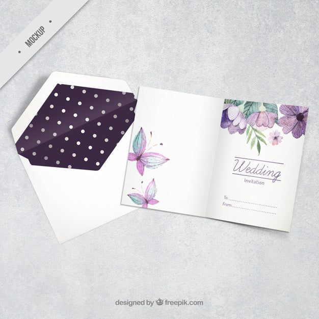 Watercolor Floral Wedding Invitation With Butterflies Psd