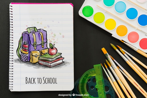 Watercolors, Brushes And Notebook With Colorful Drawing Psd