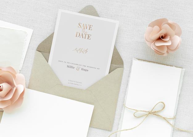 Wedding Card Template Mockup With Pink Roses Psd