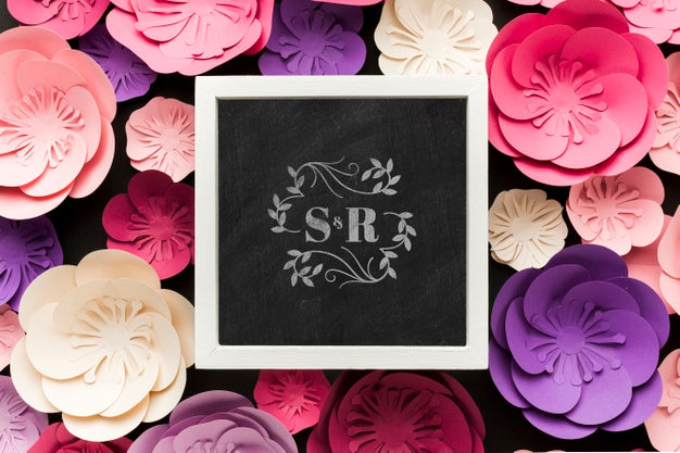 Wedding Frame Mock-Up On Paper Flowers Psd