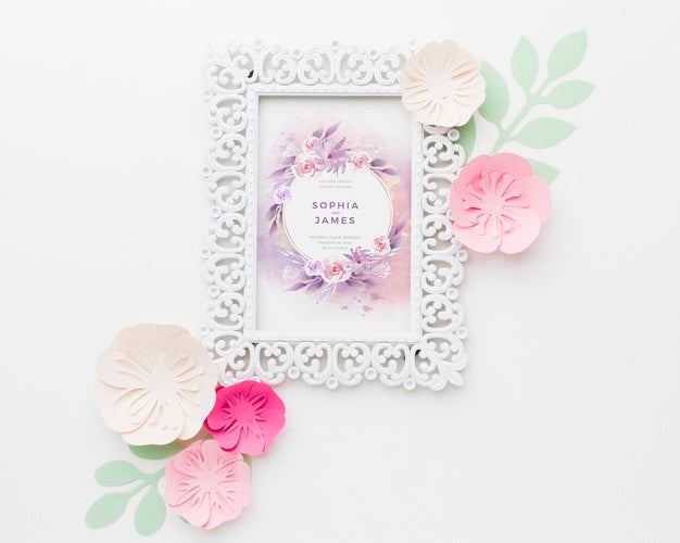 Wedding Frame Mock-Up With Paper Flowers On White Background Psd