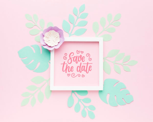 Wedding Frame Mock-Up With Paper Leaves On Pink Background Psd