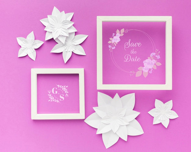 Wedding Frame With Paper Flowers On Purple Wallpaper Psd