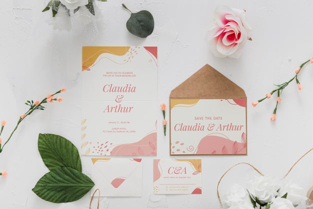 Wedding Invitation Arrangement Flat Lay Psd