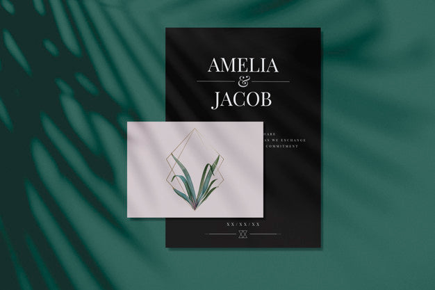 Wedding Invitation Card Mockups With Leaves And Golden Frames Psd