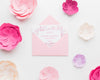 Wedding Invitation Mock-Up With Paper Flowers On White Wallpaper Psd