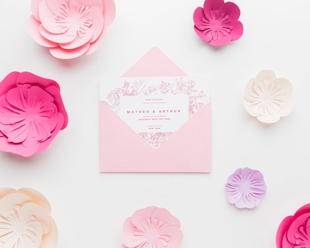 Wedding Invitation Mock-Up With Paper Flowers On White Wallpaper Psd